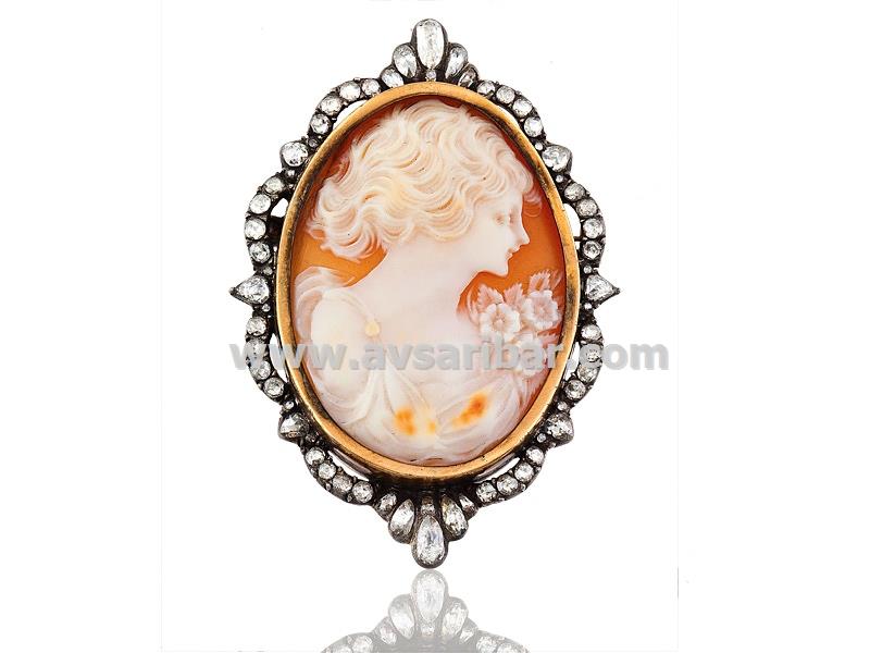 14K GOLD - SILVER - ROSE CUT DIAMOND AND CAMEO BROOCH  