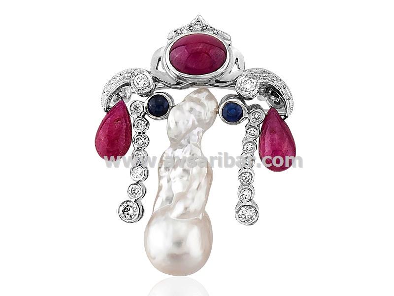 18K GOLD  DIAMOND  RUBY  SAPHIRE and NATURAL PEARL BROOCH  